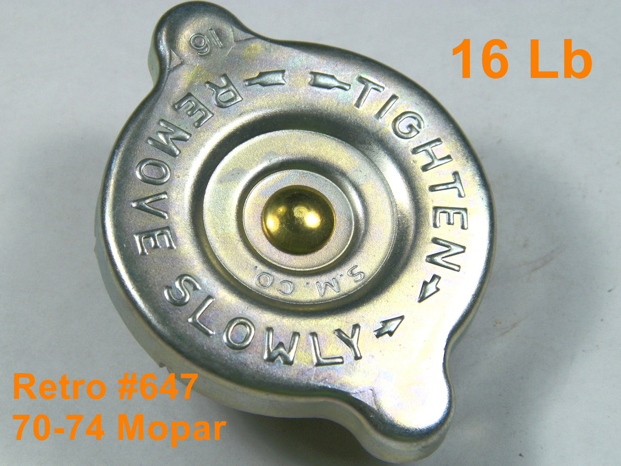 70-74 Mopar Radiator Cap OE Style All Models A/B/C/E Body 16 Lb Zinc SM CO #647