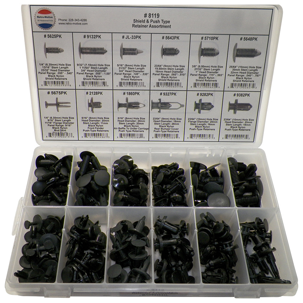 Nylon Shield Push Type Retainer Assortment 12 Sizes (192 Pcs) Plastic Tray #1620