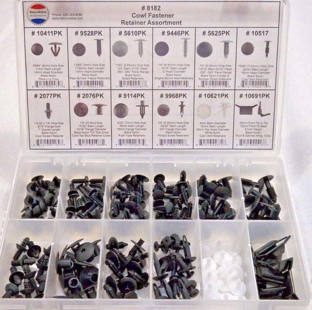 Cowl Fastener Retainer Assortment 12 Sizes (168 Pcs) Plastic Tray #1630