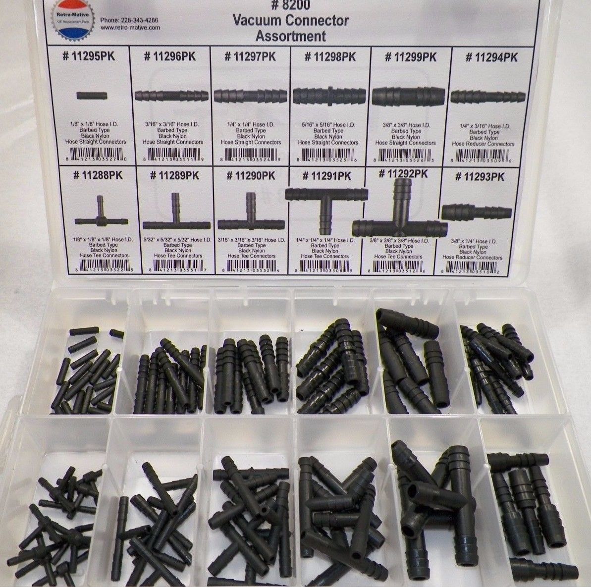 Vacuum Connector Assortment 12 Sizes Black Nylon (113 Pcs) Plastic Tray #1632